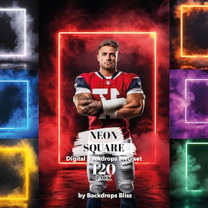 May include: A digital background pack with 120 neon square images. The images feature a variety of colors and smoke effects. The text "NEON SQUARE Digital Backdrops PNG Set 120 PACK by Backdrops Bliss" is visible in the image.
