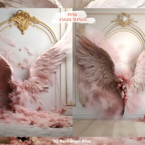 Puede incluir: Un par de alas de &aacute;ngel grandes y rosadas con una textura de plumas, sobre un fondo blanco con molduras doradas ornamentadas. Las alas est&aacute;n rodeadas de una nube de plumas y flores rosas.