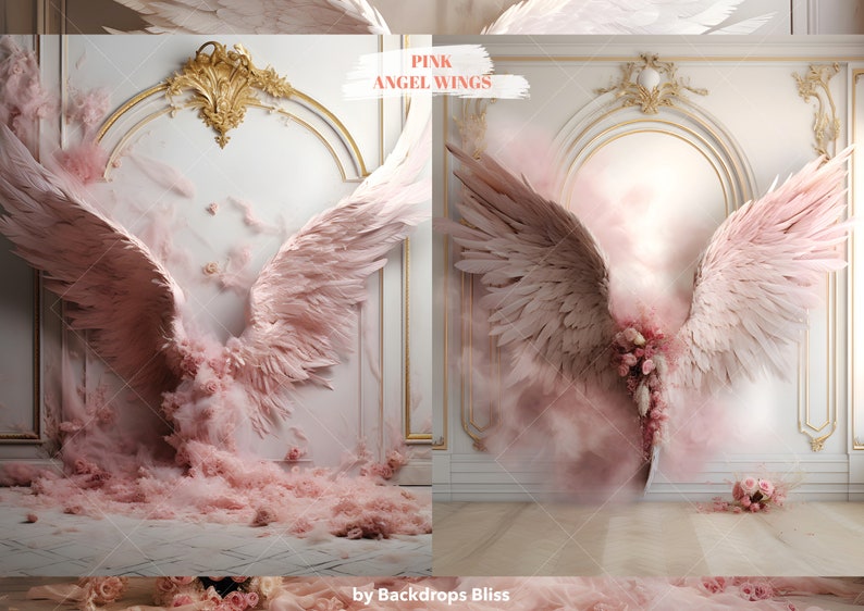 Puede incluir: Un par de alas de &aacute;ngel grandes y rosadas con una textura de plumas, sobre un fondo blanco con molduras doradas ornamentadas. Las alas est&aacute;n rodeadas de una nube de plumas y flores rosas.