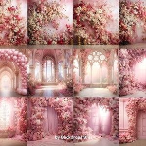 May include: A set of 10 digital backdrops featuring a pink and white floral theme with various settings, including a floral archway, a castle hallway, and a window with a view. The backdrops are ideal for photographers and digital artists.