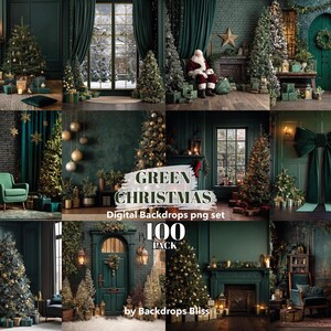 Puede incluir: Una colección de fondos digitales navideños en tonos verdes, con árboles de Navidad decorados, chimeneas y decoraciones festivas. Algunas escenas incluyen a Papá Noel y cajas de regalo. El texto "GREEN CHRISTMAS" y "100 PACK" son visibles, ofreciendo una variedad de escenarios festivos.
