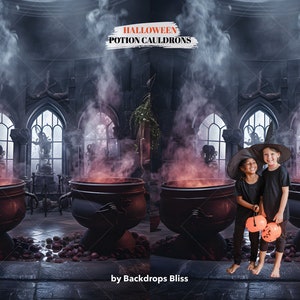 May include: Two children dressed as witches stand in front of three large cauldrons with smoke and glowing orange liquid inside. The cauldrons are in a dark, stone room with arched windows. The text "HALLOWEEN POTION CAULDRONS" is at the top of the image. The text "by Backdrops Bliss" is at the bottom of the image.