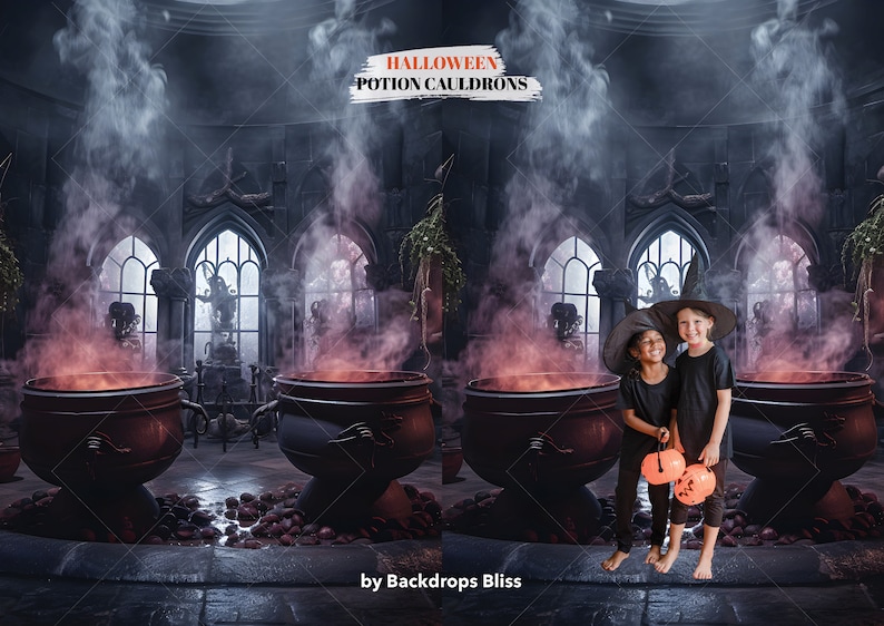May include: Two children dressed as witches stand in front of three large cauldrons with smoke and glowing orange liquid inside. The cauldrons are in a dark, stone room with arched windows. The text "HALLOWEEN POTION CAULDRONS" is at the top of the image. The text "by Backdrops Bliss" is at the bottom of the image.