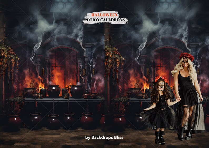 May include: A Halloween backdrop featuring a spooky, dark, and mysterious scene with a fireplace, cauldrons, and smoke. Two figures dressed in black with skull makeup stand in front of the scene. The text "HALLOWEEN POTION CAULDRONS" is written in red on a white background.