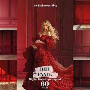 Könnte beinhalten: Ein roter Hintergrund mit einer Frau in einem roten Kleid, die davor steht. Der Hintergrund besteht aus Holzpaneelen und hat ein rot-weiß-blaues Farbschema. Der Text "Red Panel Digital Backdrops png set 60 Pack" ist auf dem Hintergrund geschrieben.
