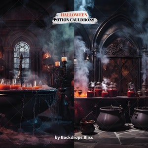 May include: A dark, gothic-themed room with a large cauldron filled with a red liquid and surrounded by smoke. The room is decorated with candles and other spooky props. The text "HALLOWEEN POTION CAULDRONS" is written in white on a red background.