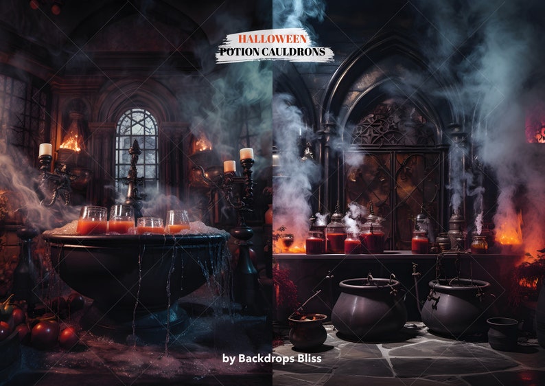 May include: A dark, gothic-themed room with a large cauldron filled with a red liquid and surrounded by smoke. The room is decorated with candles and other spooky props. The text "HALLOWEEN POTION CAULDRONS" is written in white on a red background.