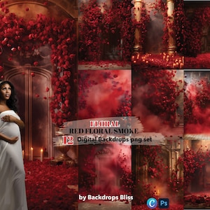 Red flower Wall Art digital backdrop red Floral Backdrop red maternity Backgrounds Portrait Photo Overlays for Photoshop red smoke overlay