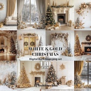 May include: A digital backdrop set featuring 140 white and gold Christmas themed images. The images include Christmas trees, wreaths, fireplaces, windows, and other festive decorations.