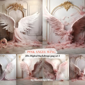 Puede incluir: Un conjunto de 20 fondos digitales con alas de &aacute;ngel rosas en varias poses sobre un fondo blanco y dorado ornamentado. Los fondos son perfectos para fot&oacute;grafos y dise&ntilde;adores gr&aacute;ficos que buscan crear im&aacute;genes &uacute;nicas y caprichosas.