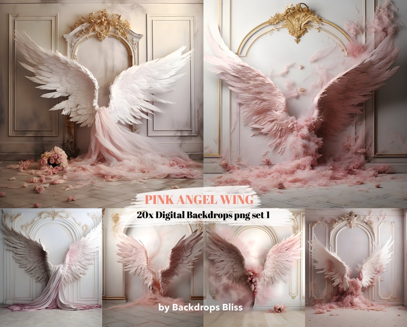 Puede incluir: Un conjunto de 20 fondos digitales con alas de &aacute;ngel rosas en varias poses sobre un fondo blanco y dorado ornamentado. Los fondos son perfectos para fot&oacute;grafos y dise&ntilde;adores gr&aacute;ficos que buscan crear im&aacute;genes &uacute;nicas y caprichosas.
