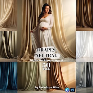 以下が含まれることがあります： ニュートラルカラーのファブリックドレープを特徴とする、50枚のデジタル背景画像のセット。ドレープはさまざまな折り畳みとテクスチャで配置されており、写真撮影に適したさまざまな背景を作成します。