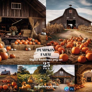 Puede incluir: Un conjunto de 25 fondos digitales que representan una granja de calabazas rústica con un granero de madera, pacas de heno y calabazas. El conjunto se titula "Pumpkin Farm" y está disponible para descargar en formato PNG.