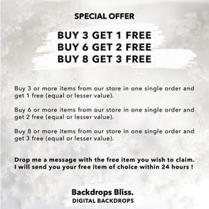 May include: A white text graphic on a grey background with the text "SPECIAL OFFER" and a list of buy 3 get 1 free, buy 6 get 2 free, and buy 8 get 3 free offers. The text also explains that the free item must be of equal or lesser value than the purchased items.