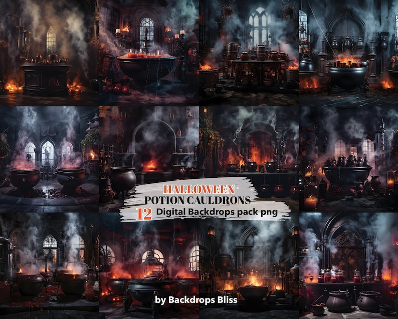 May include: Twelve digital backdrop images featuring a dark, gothic, and mysterious setting with cauldrons, smoke, and fire. The images are perfect for Halloween-themed projects.