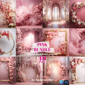 Puede incluir: Un paquete de fondos digitales con 40 fondos florales rosas con diferentes arreglos de flores, arcos y marcos. Los fondos son perfectos para fotógrafos y diseñadores gráficos.