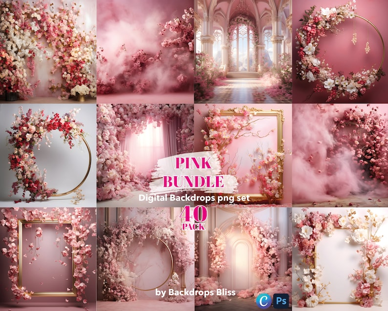 May include: A digital backdrop bundle featuring 40 pink floral backgrounds with different arrangements of flowers, arches, and frames. The backgrounds are perfect for photographers and graphic designers.