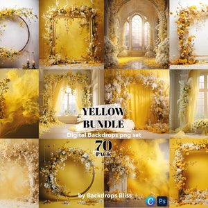 May include: A digital backdrop bundle featuring 70 yellow floral themed images. The images include a variety of floral arrangements, arches, and backgrounds. The images are perfect for photographers, graphic designers, and anyone who needs a beautiful and elegant backdrop for their projects.