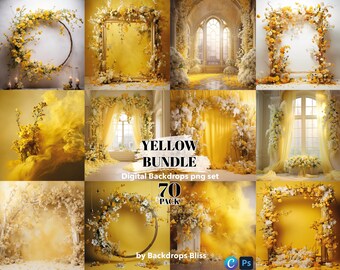 Yellow Floral Maternity Backdrop, 70 PNG Photo Overlays (Digital Download)