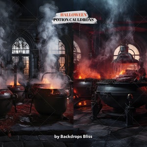 May include: A dark, smoky room with multiple cauldrons bubbling over flames. The cauldrons are made of black metal and are surrounded by smoke and steam. The room is lit by flickering flames and the text "HALLOWEEN POTION CAULDRONS" is visible in the upper left corner.