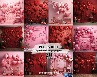 May include: A set of 20 digital backdrops featuring pink and red hearts, balloons, and other Valentine's Day decorations. The backdrops are perfect for creating romantic and festive photoshoots.