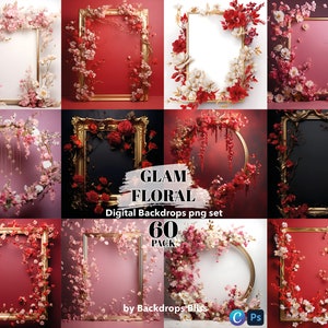 May include: A set of 60 digital floral backdrops featuring various arrangements of pink and red flowers with gold frames. The backdrops are perfect for photographers and graphic designers.