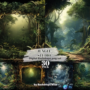 Könnte beinhalten: Ein digitales Hintergrundbild-Set mit 30 Dschungelszenen. Die Bilder zeigen üppiges grünes Laub, gewundene Pfade und Sonnenlicht, das durch die Bäume scheint. Der Text "Jungle Studio Digital Backdrops png set 30 Pack" wird auf einem weißen Banner angezeigt.