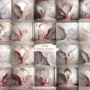 Puede incluir: Un collage de 18 im&aacute;genes con alas de &aacute;ngel rosas en varias poses sobre un fondo blanco con adornos dorados. Las alas est&aacute;n colocadas sobre un fondo de una habitaci&oacute;n blanca con una gran puerta arqueada. El texto "PINK ANGEL WINGS" est&aacute; escrito en rosa con una fuente de pincel en el centro del collage. El texto "by Backdrops Bliss" est&aacute; escrito en negro en la parte inferior del collage.