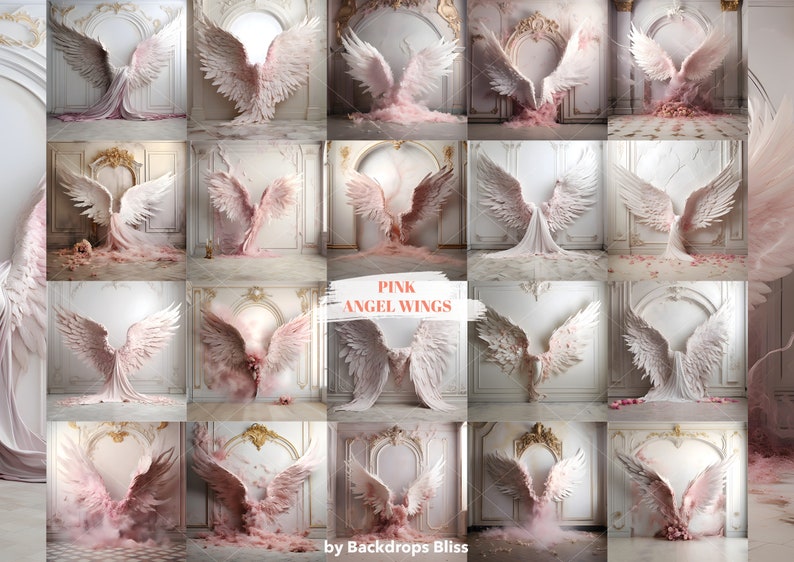 Puede incluir: Un collage de 18 im&aacute;genes con alas de &aacute;ngel rosas en varias poses sobre un fondo blanco con adornos dorados. Las alas est&aacute;n colocadas sobre un fondo de una habitaci&oacute;n blanca con una gran puerta arqueada. El texto "PINK ANGEL WINGS" est&aacute; escrito en rosa con una fuente de pincel en el centro del collage. El texto "by Backdrops Bliss" est&aacute; escrito en negro en la parte inferior del collage.
