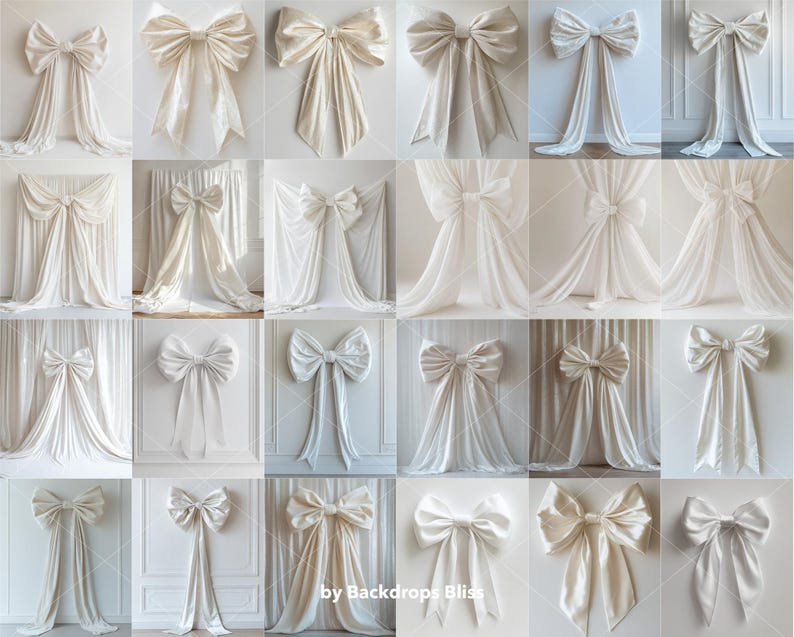 May include: A collection of 16 white fabric backdrops with large white satin bows. The backdrops are draped and gathered to create a soft, flowing look. The bows are tied in a variety of styles, adding a touch of elegance to the backdrops.