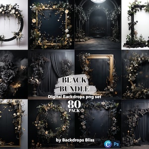 以下が含まれることがあります： 花輪、額縁、カーテンが付いた、黒と金の80種類のデジタル背景のバンドル。画像には「BLACK BUNDLE Digital Backdrops png set 80 PACK by Backdrops Bliss」というテキストが表示されています。