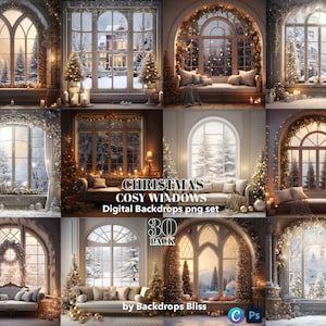 Fondo de ventana navideña para fotografía compuesta Ventana Fondo digital navideño Tarjeta de fotografía familiar Paquete de fondo navideño xmas png