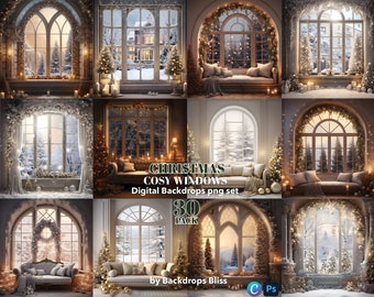 Puede incluir: Un conjunto de 30 fondos digitales que presentan escenas acogedoras de ventanas navideñas. Los fondos son perfectos para agregar un toque festivo a tus fotos y diseños. Cada fondo presenta una ventana diferente con un paisaje nevado, luces parpadeantes y decoraciones festivas.