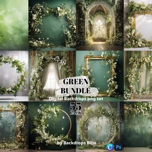 以下が含まれることがあります： 緑と白の花の背景55枚がセットになったデジタル背景パックです。背景には、花輪、アーチ、フレームなど、さまざまな花のアレンジメントが施されています。写真家、グラフィックデザイナー、クラフト愛好家に最適です。