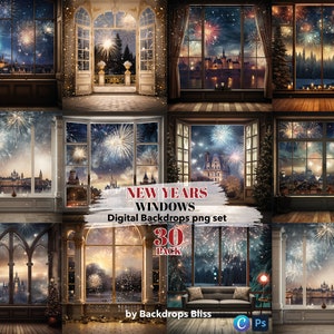 New years backdrop happy new years digital backdrop Christmas Window Backdrop for Composite Photography Window backdrop Family Photo Card NY