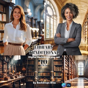May include: A set of 40 digital library backdrops in a traditional style. The backdrops feature bookshelves, arched doorways, and warm lighting. The text "Library Traditional" and "40 Pack" is visible in the image.