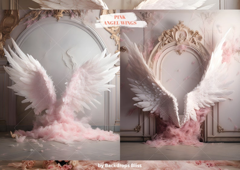 Puede incluir: Un par de grandes alas de &aacute;ngel blancas con plumas rosas, sobre un fondo de pared blanca adornada con un gran espejo ovalado. Las alas est&aacute;n extendidas y parecen flotar en el aire. El texto "PINK ANGEL WINGS" est&aacute; escrito en rosa sobre fondo blanco.