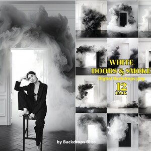 以下が含まれることがあります： 白いドアと煙を特徴とする12のデジタル背景のセット。ユニークで雰囲気のある画像を作成したい写真家やグラフィックデザイナーに最適です。背景は高解像度のPNG形式で提供されます。