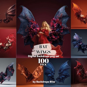 Puede incluir: Una colección de fondos digitales de alas de murciélago en varios estilos. Las alas son en tonos de rojo, azul y marrón, algunas adornadas con arreglos florales. La imagen incluye el texto "BAT WINGS Digital Backdrops png set 100 PACK by Backdrops Bliss."