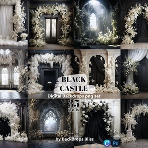 Op de afbeelding: Een digitale achtergrondset met 35 afbeeldingen van een zwart kasteelinterieur met witte bloemstukken. De set heet "Black Castle" en is perfect voor fotografen en grafisch ontwerpers.