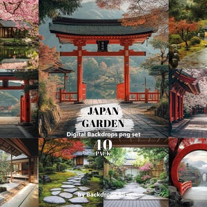 Op de afbeelding: Een verzameling digitale achtergronden met Japanse tuinscènes. De afbeeldingen tonen traditionele architectuur, rode torii-poorten, stenen paden en weelderig groen. De set bevat verschillende weergaven, van serene tuinpaden tot tempelstructuren, allemaal met levendige kleuren.