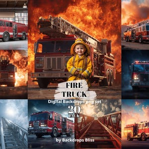 Może przedstawiać: Zestaw cyfrowych teł z czerwoną strażą pożarną z drabiną i dzieckiem w mundurze strażaka. Zestaw zawiera różne sceny ze strażami pożarnymi, płomieniami i drabinami. Tekst na zdjęciu brzmi "FIRE TRUCK" i "Digital Backdrops png set 20 PACK by Backdrops Bliss."