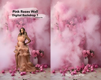 Fondo de pared con rosas digitales de color rosa, fondo floral, humo rosa, fondos de estudio de color rosa, pared con flores de color rosa, superposición de fotos de retrato para Photoshop