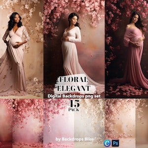 May include: A set of 45 digital floral backdrops in a pink and white color scheme. The backdrops feature a variety of floral arrangements, including cherry blossoms and roses. The backdrops are perfect for photographers and graphic designers who want to create beautiful and elegant images.