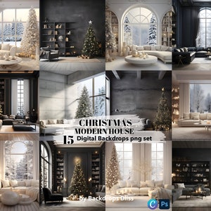 Può includere: Un set di 15 sfondi digitali che mostrano un soggiorno moderno con un albero di Natale, un divano bianco e un camino. Gli sfondi sono perfetti per creare scene festive natalizie.