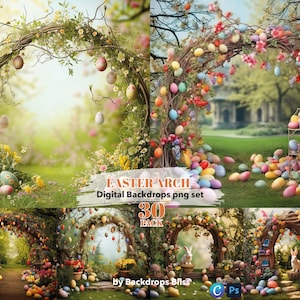 May include: A set of 30 digital Easter arch backdrops featuring a whimsical spring scene with a wooden archway decorated with colourful Easter eggs and flowers. The backdrops are perfect for creating festive Easter photos.
