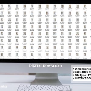 May include: A computer screen displaying a grid of 80 white background images, each with a different design. The text "DIGITAL DOWNLOAD" is displayed below the grid. The text "Dimensions: 3840x4800 Pixels, File Type: PNG, INSTANT DOWNLOAD" is displayed on the right side of the screen.
