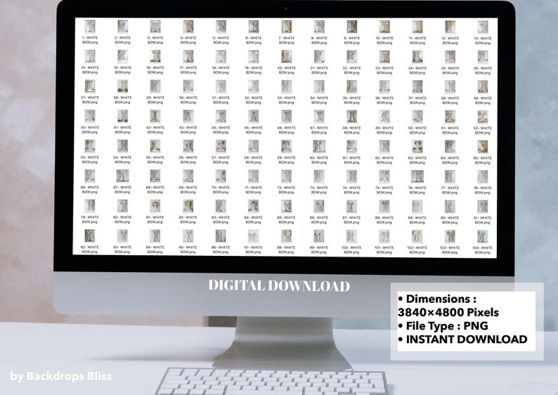 May include: A computer screen displaying a grid of 80 white background images, each with a different design. The text "DIGITAL DOWNLOAD" is displayed below the grid. The text "Dimensions: 3840x4800 Pixels, File Type: PNG, INSTANT DOWNLOAD" is displayed on the right side of the screen.
