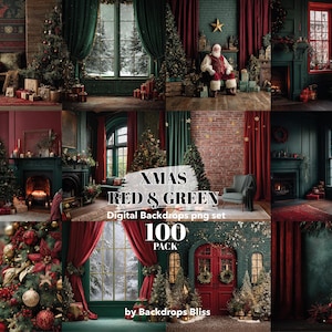 May include: A digital backdrop set featuring various Christmas scenes with red and green color schemes. The images include decorated Christmas trees, fireplaces, and festive decorations. Text on the image reads "XMAS RED & GREEN Digital Backdrops png set 100 PACK".