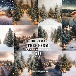 Puede incluir: Un conjunto de 50 imágenes digitales de fondo de granja de árboles de Navidad. Las imágenes presentan escenas nevadas con árboles de Navidad, luces y un granero rojo. El texto "CHRISTMAS TREE FARM" y "Digital Backdrops png set" se muestra en la imagen.